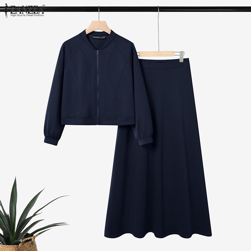 ZANZEA 2026 Tenues de printemps Blouse à manches longues et jupe Ensemble de mode pour femmes 2 pièces Ensembles de vestes à fermeture éclair Robe longue Ensemble assorti musulman