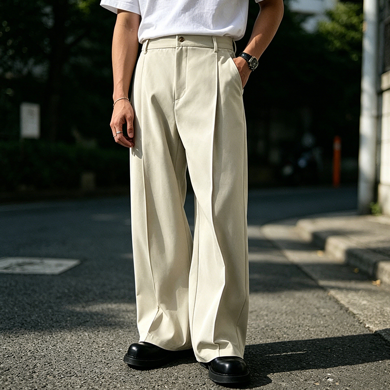 Pantalon décontracté pour homme, style streetwear, coupe ample, couleur unie, plissé, taille haute, droit, printemps-été