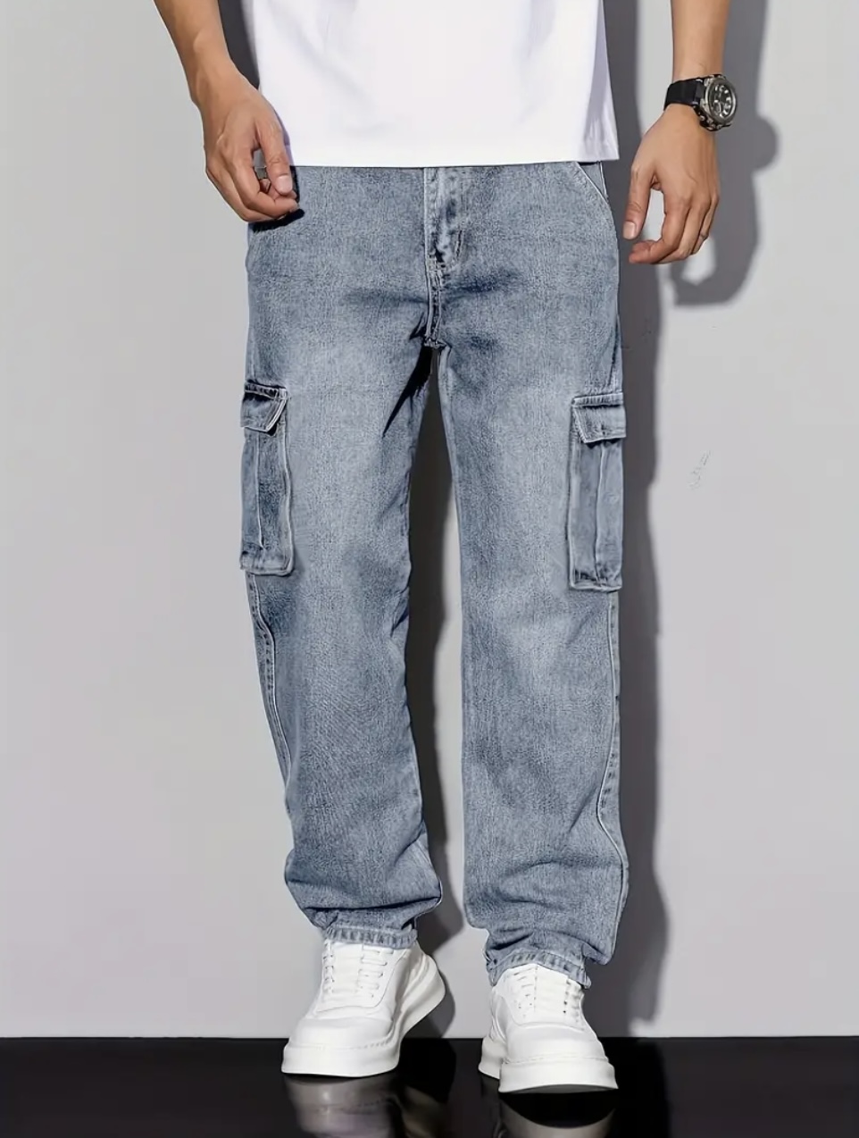 Jeans cargo décontractés rétro américains pour hommes, coupe ample, couleur unie, essentiel de la mode