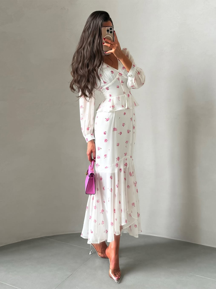 Nouvelle Robe Plissée Imprimée à Col en V et Taille Cintrée, Manches Courtes à Revers, Taille Haute, Longueur Midi, Élégante pour Femme, Collection Été