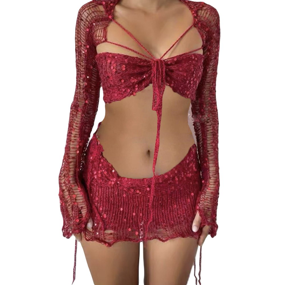 Ensemble de robes pull trois pièces pour femmes, robe évidée, haut court à manches longues, soutien-gorge et jupes, paillettes de fête