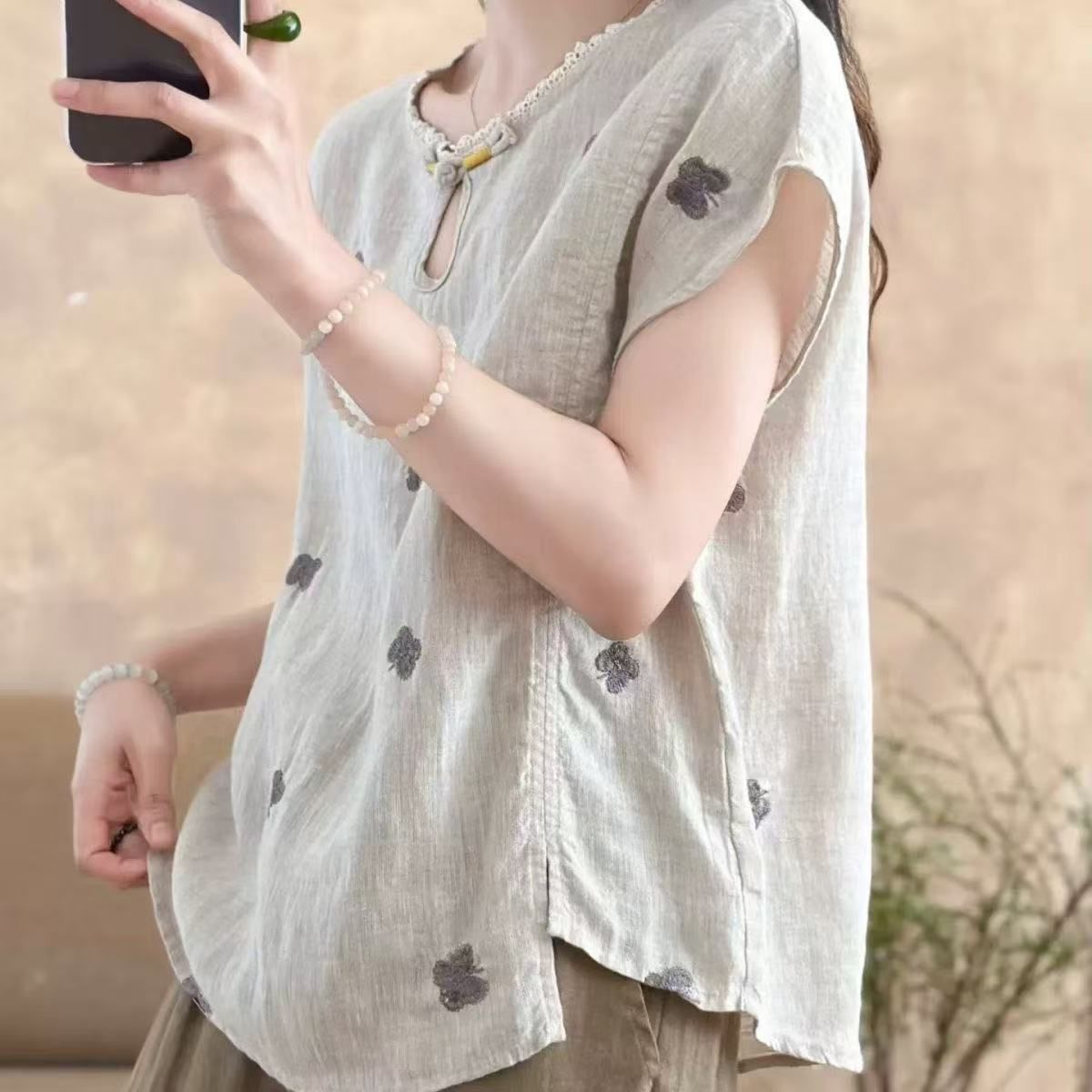 Haut boutonné rétro pour femme en lin et coton, broderie exquise, style chinois, confortable, grande taille, nouvelle collection estivale romantique