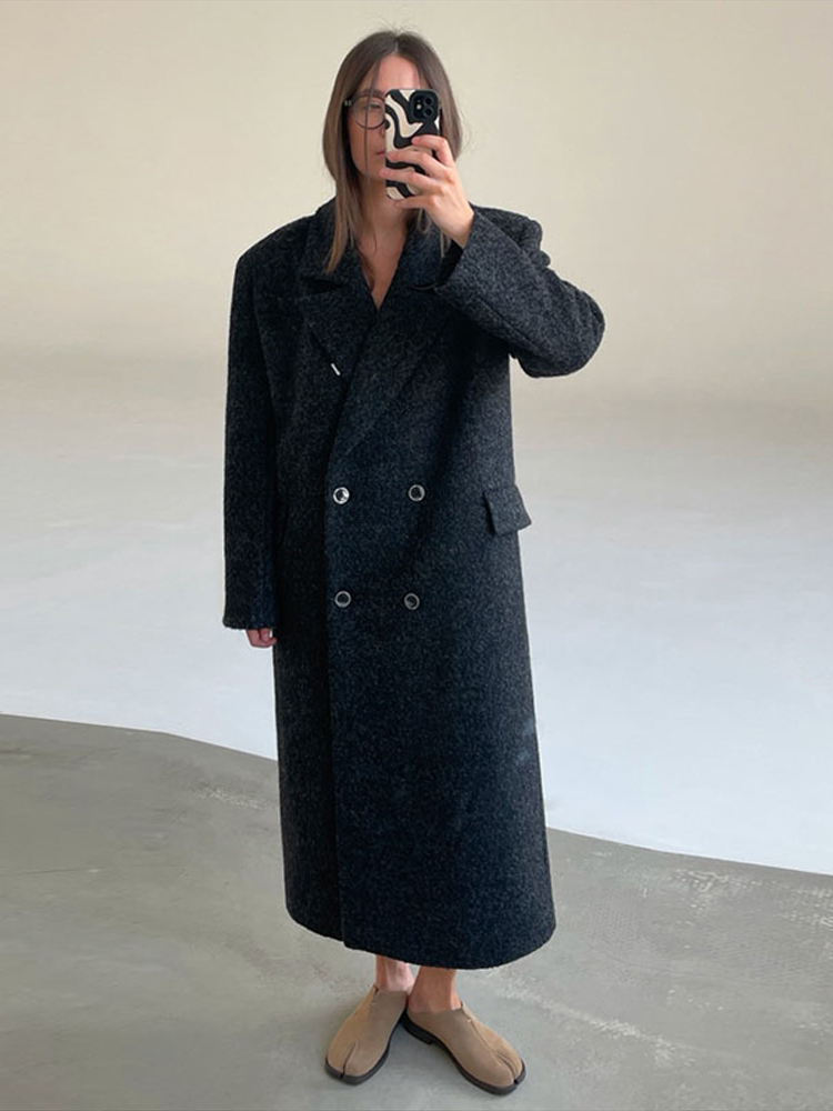 Manteau long en laine pour femme, col à revers, manches longues, double boutonnage, manteau d'hiver 2026, manteaux élégants et chics pour femme