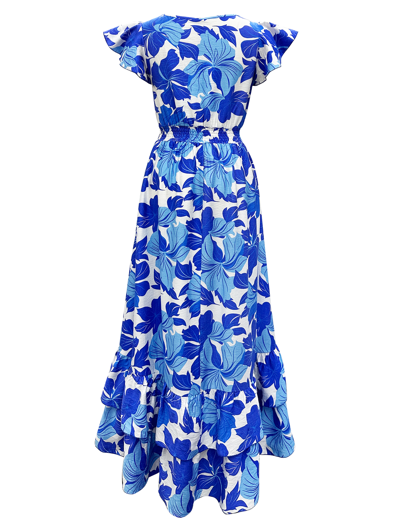 Robe maxi de vacances pour femmes, imprimé hibiscus bohème, col en V, manches courtes à volants, taille smockée