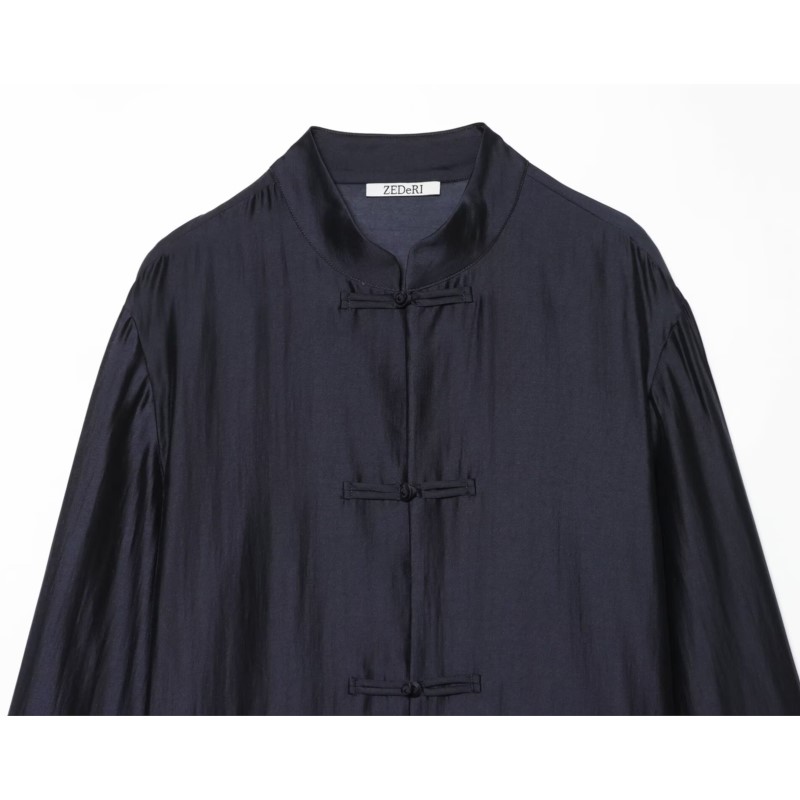 Chemisier en satin pour femme Nouvelle collection Printemps-Été 2026 à fermeture à boucle, manches longues, col rond, hauts et chemisiers pour femme