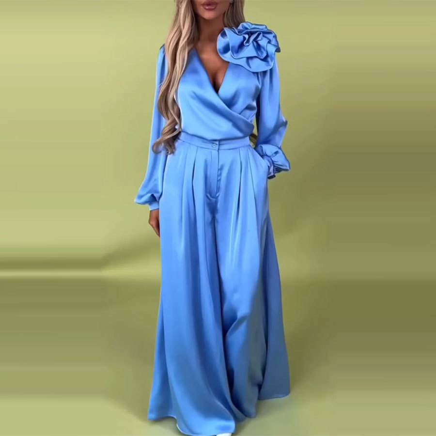 Mode 2 pièces ensemble femmes tenue 2025 Apring été décontracté à manches longues col en v Blouse et jambe large pantalon ensembles femme