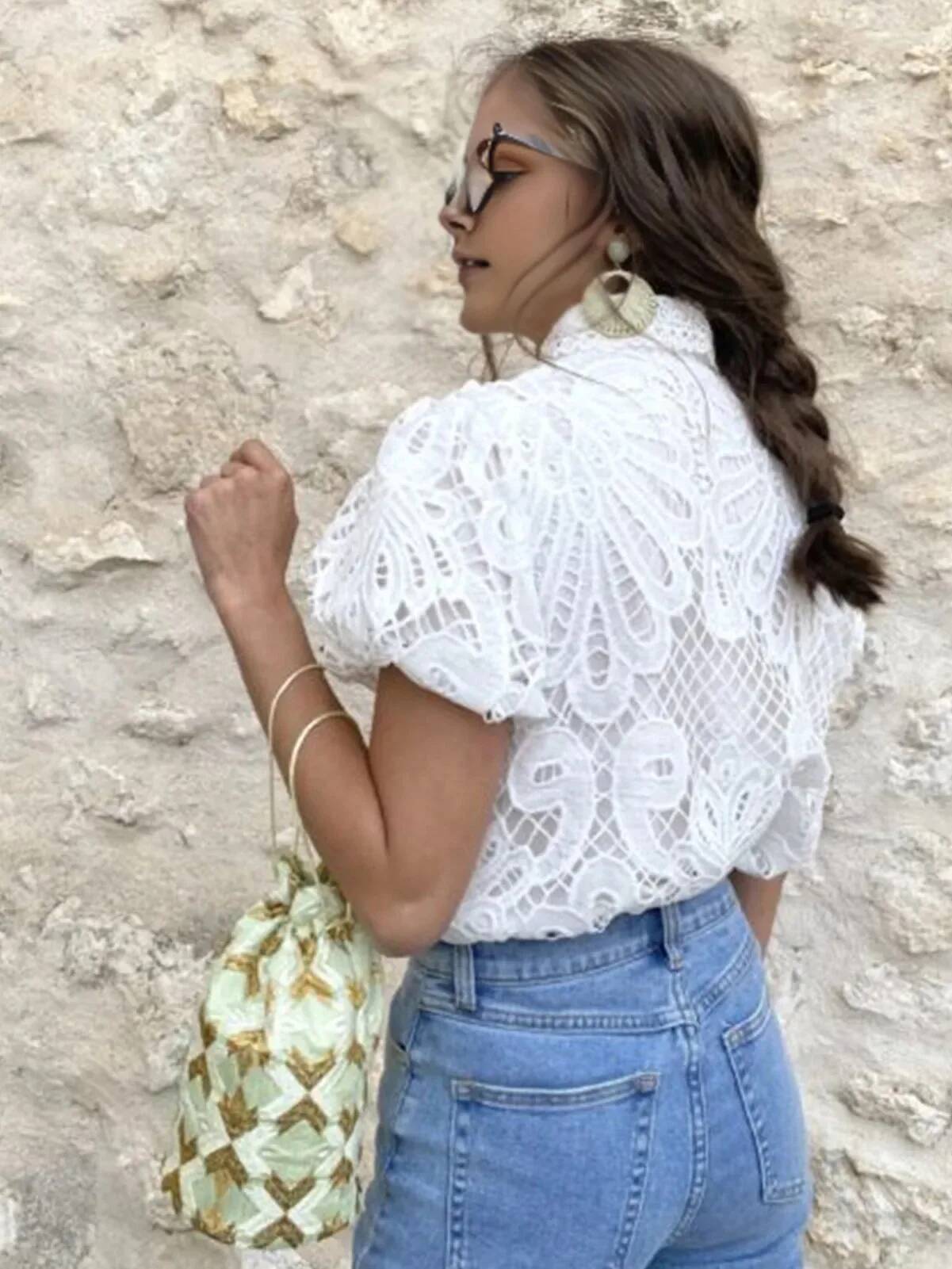 Chemise de créateur en dentelle pour femmes, chemisier élégant en dentelle au Crochet, chemise à revers Slim à manches courtes avec manches bouffantes, BQZ2