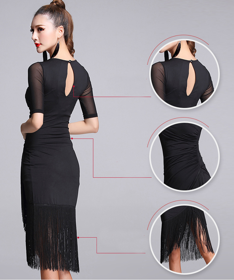 Robe de danse latine noire à manches courtes, robe une pièce à franges pour femmes, Costumes de tango Cha Rumba pour salle de bal