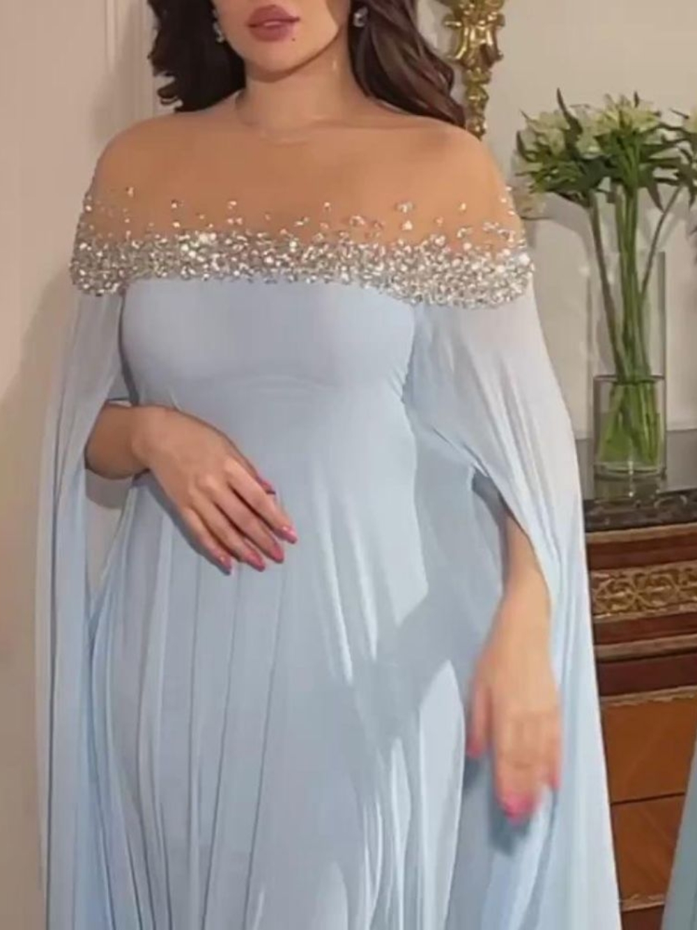 Arabe élégant en mousseline de soie cristaux Banquet porter pour les femmes musulmanes Cape manches brillant robe de soirée 3 couleurs charmante robe de bal