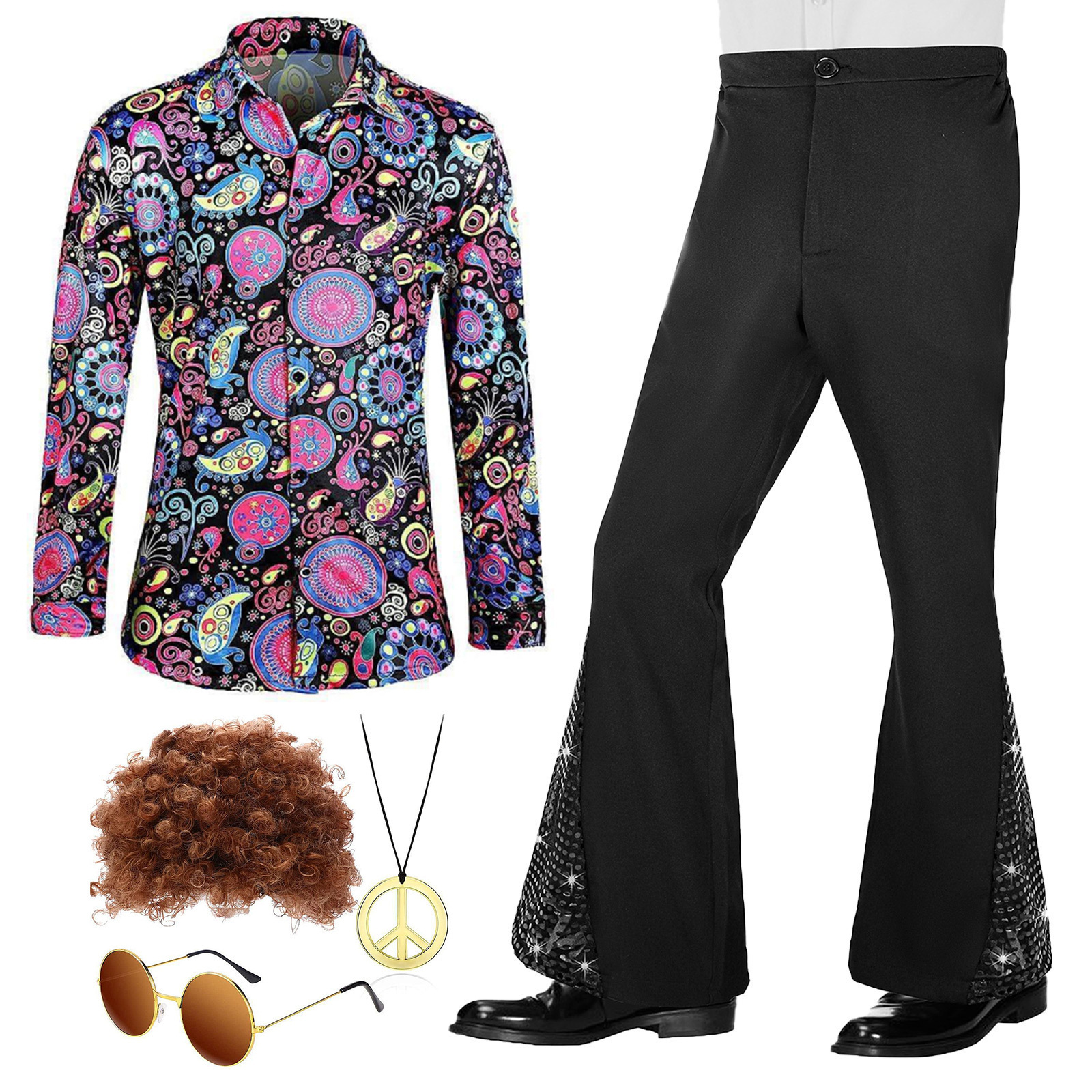Ensemble chemise et pantalon pattes d'éléphant pour homme, style disco décontracté classique, imprimé années 70, haut avec pantalon évasé, costume de cosplay de carnaval