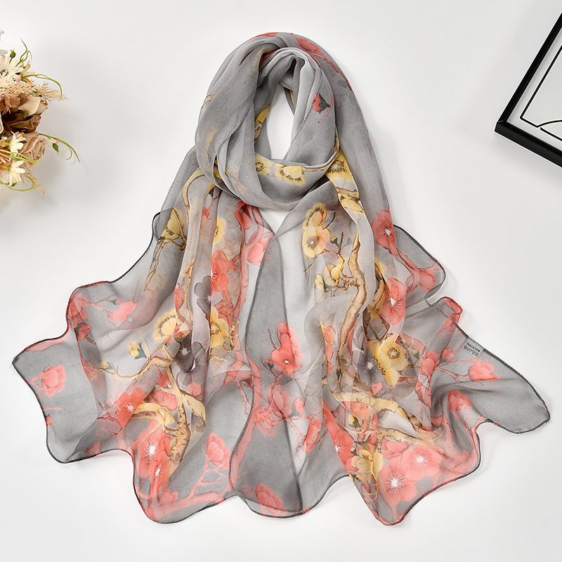 160*50 cm 2025 printemps nouveau châle pour femmes à la mode fleur de prunier imprimé écharpe mince doux en mousseline de soie châle étoles florales enveloppes