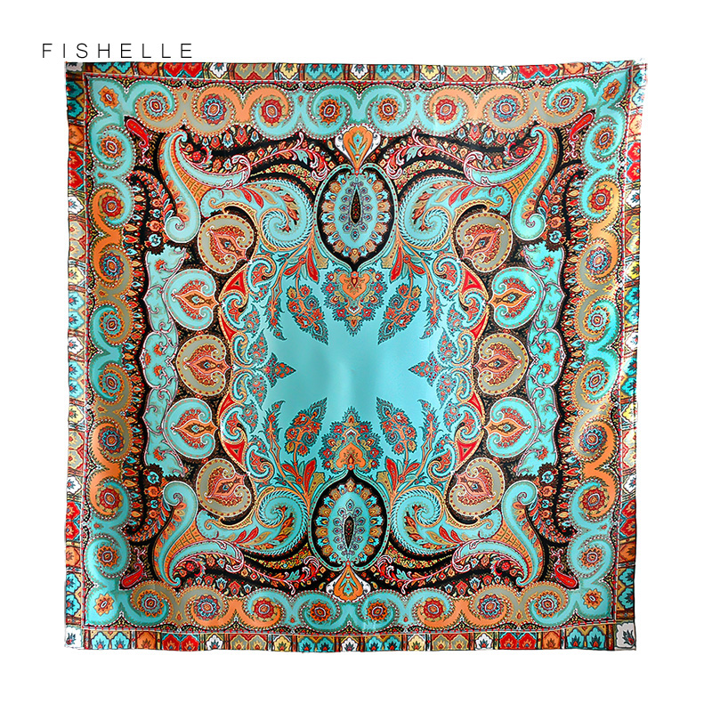 Écharpe en soie satinée naturelle bleu paon 110 cm, grand bandana carré imprimé, 100% soie pure, écharpe de luxe pour femme, cadeau pour dame.