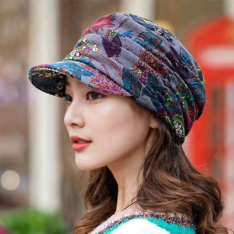 Chapeau Turban Floral pour Femmes avec Visière, Style Ethnique, Idéal pour les Voyages, Hiver, Anti-Vent, Casquette Souple à Bord, Style Vintage, Motif Floral, Usage Quotidien, Casquette à Visière