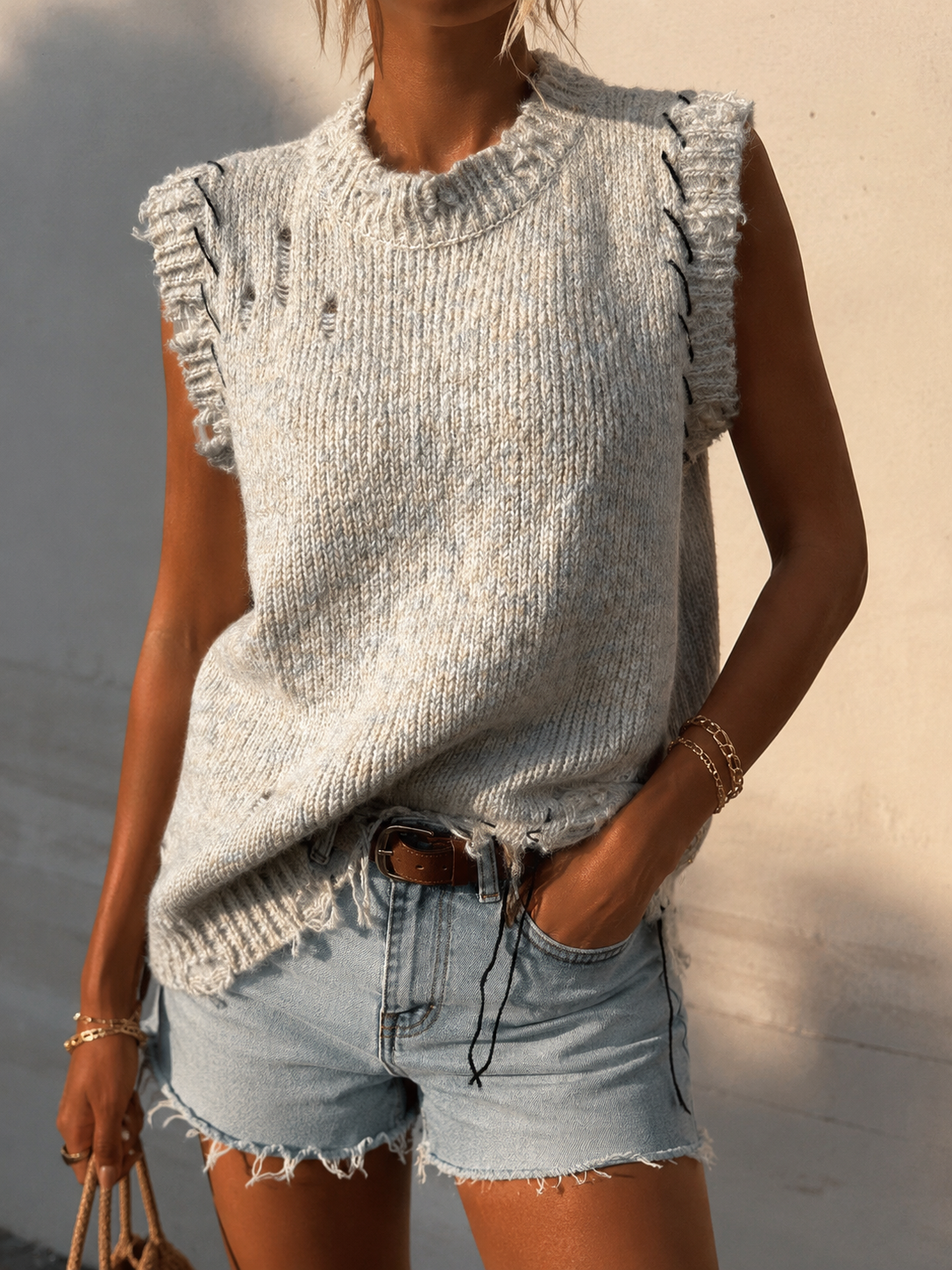 Gilet pull sans manches en tricot pour femme, coupe ample décontractée, à franges, court, style streetwear chic