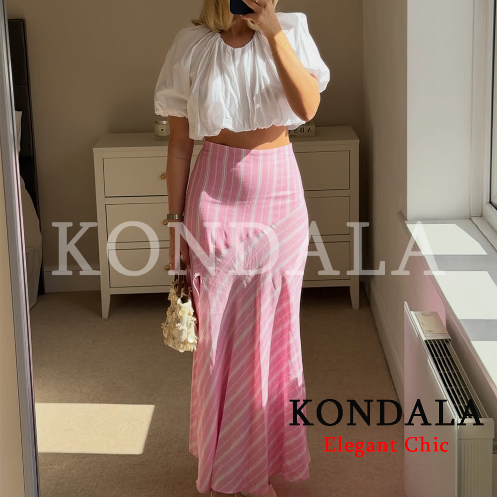 Ensemble jupe rayée tendance KONDALA pour femme, chemise rayée et jupe midi, nouvelle collection mode Printemps-Été 2026, idéal pour les remises de diplômes et les vacances