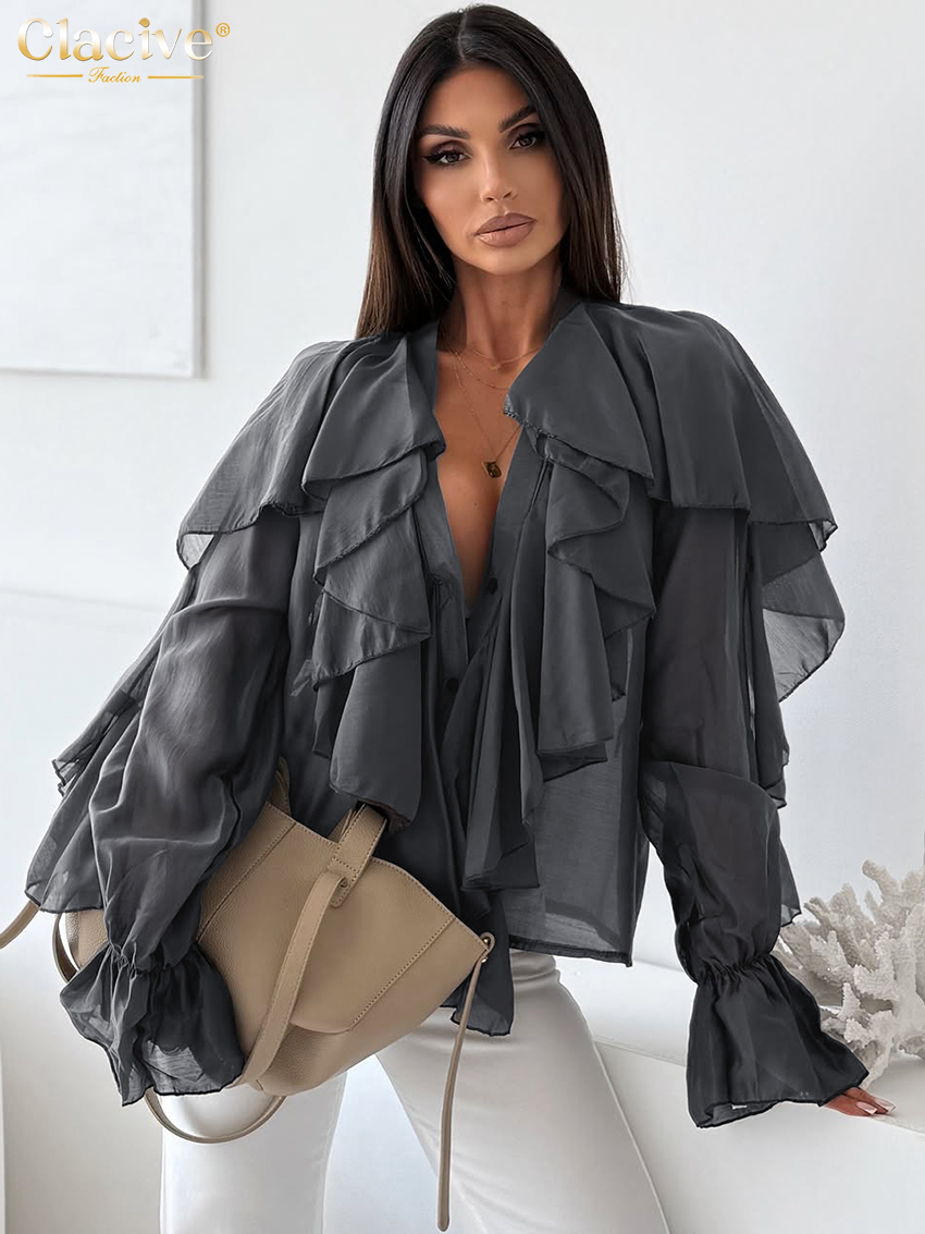 Clacive mode ample blanc femmes chemise 2025 Sexy col en v à manches longues chemises élégant classique volants solide hauts vêtements féminins