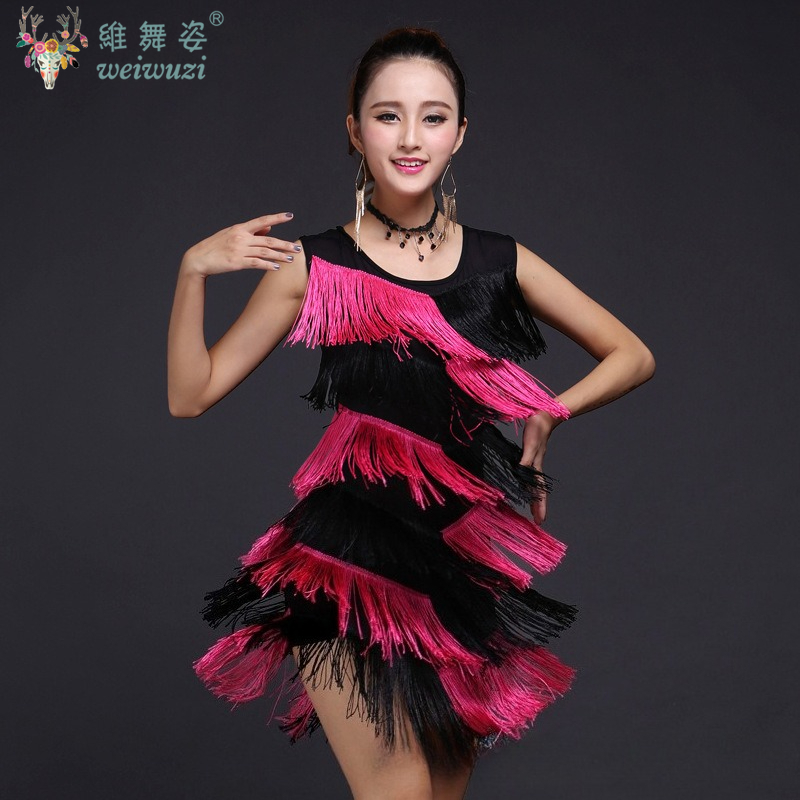 Robe de danse latine à franges et franges, Sexy, Costumes de danse pour femmes, robe courte élastique de soirée, vêtements de spectacle