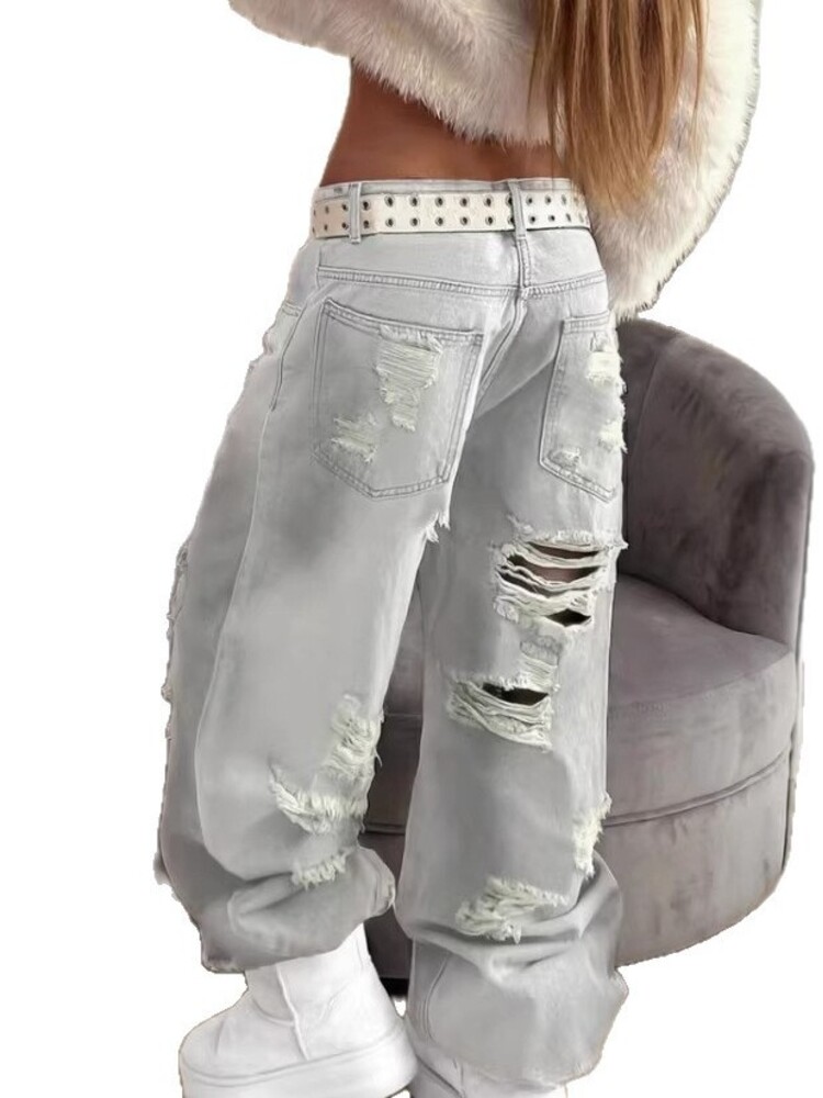 Jeans pour femmes style American High Street, déchirés, coupe droite, à jambe large, design Tie-Dye, pour la danse Jazz, style cargo, en jean fin