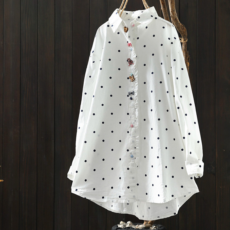 Chemisiers à manches longues en coton blanc à pois, style coréen, pour femmes d'âge mûr, collection printemps 2026