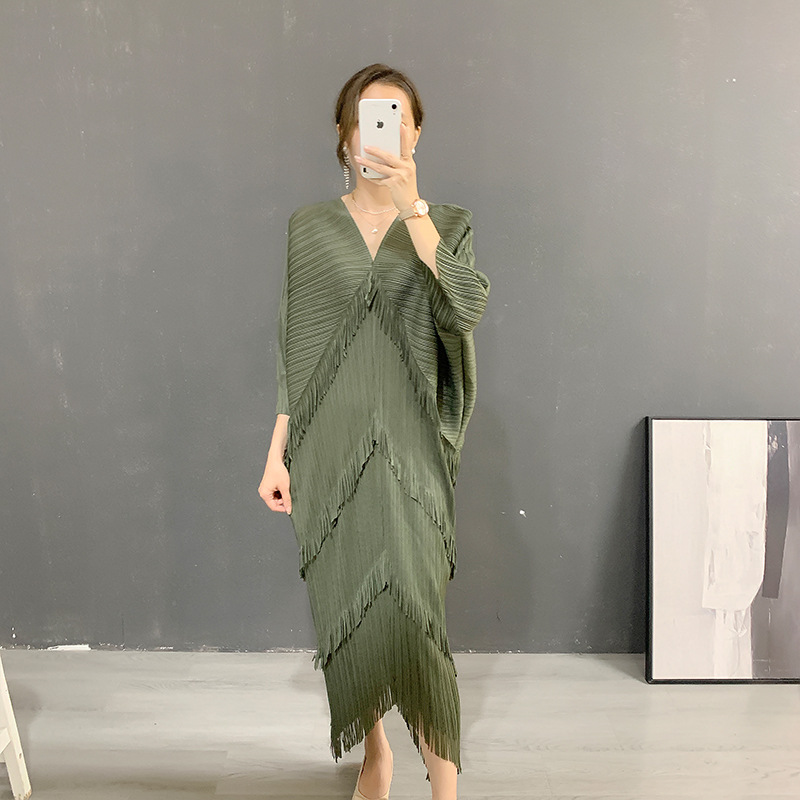 Robe de Soirée Décontractée à Franges pour Femme, Jupe à Franges, Col en V, Manches Chauve-Souris, Style Occidental, Nouvelle Collection Été 2024, Offre Spéciale
