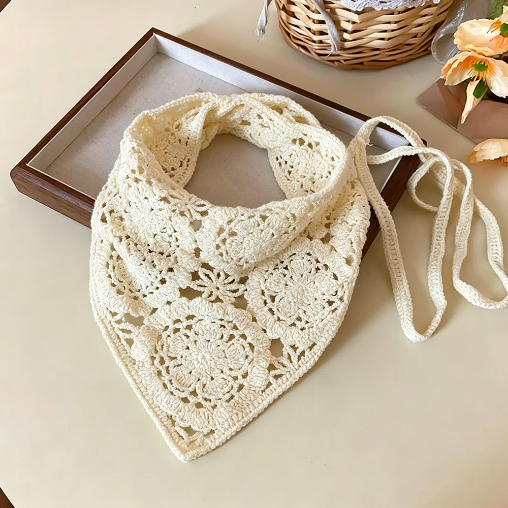 Foulard Triangle Bohème au Crochet pour Femmes et Filles, Bandana Tricoté Creux à Motifs Floraux Vintage, Accessoire Cheveux pour Plage d'Été