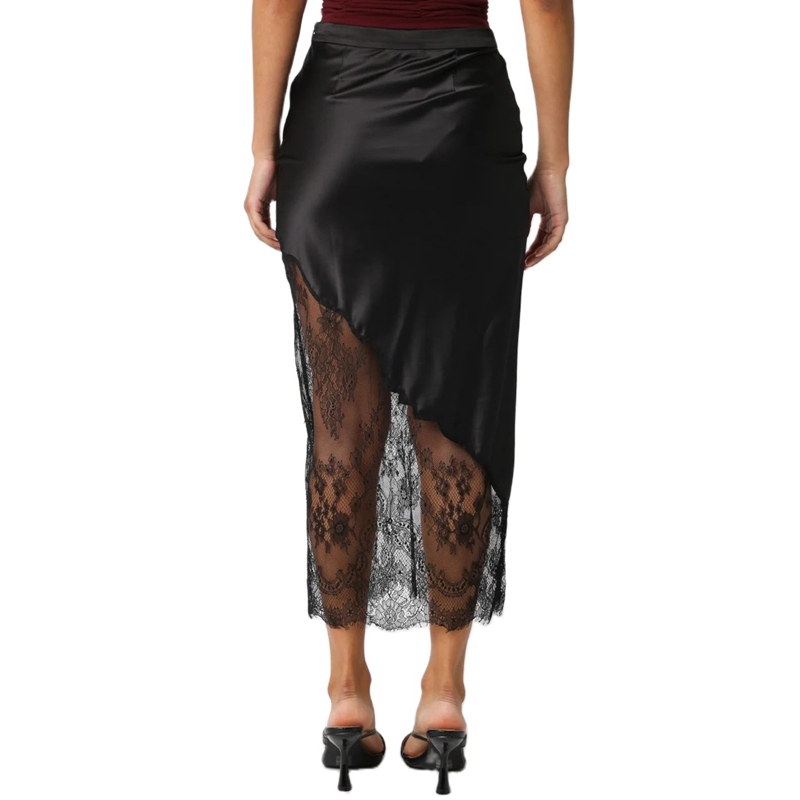 Jupe longue en satin de soie Maemukilabe pour femme, jupe maxi élégante à taille haute élastique avec patchwork en dentelle, jupe midi pour soirée