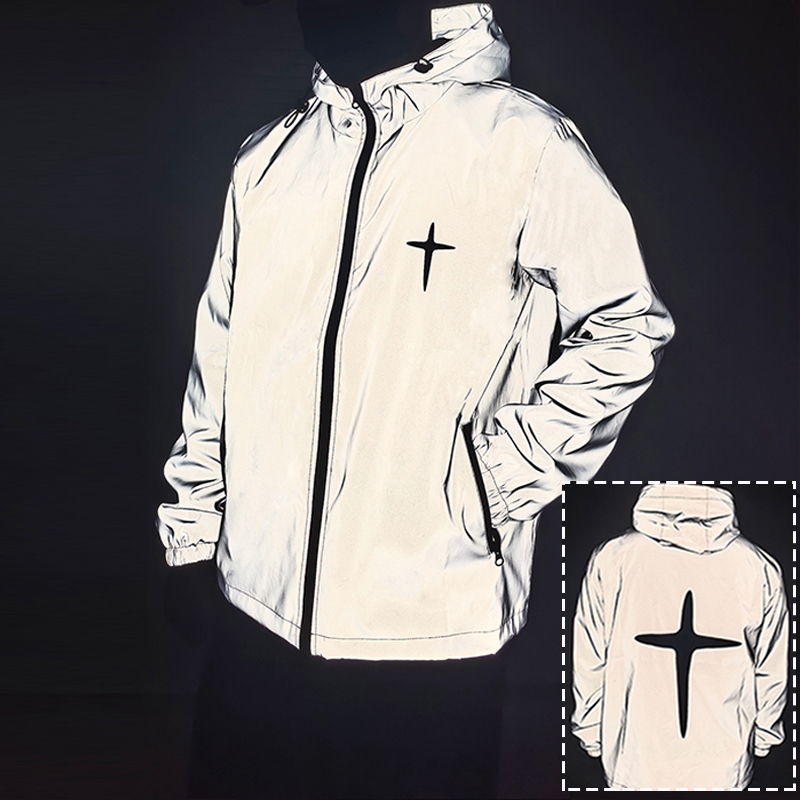 Veste réfléchissante de nuit pour hommes, manteaux à capuche coupe-vent imprimés croisés, Streetwear, cyclisme en plein air, survêtement, vêtements d'extérieur de sécurité