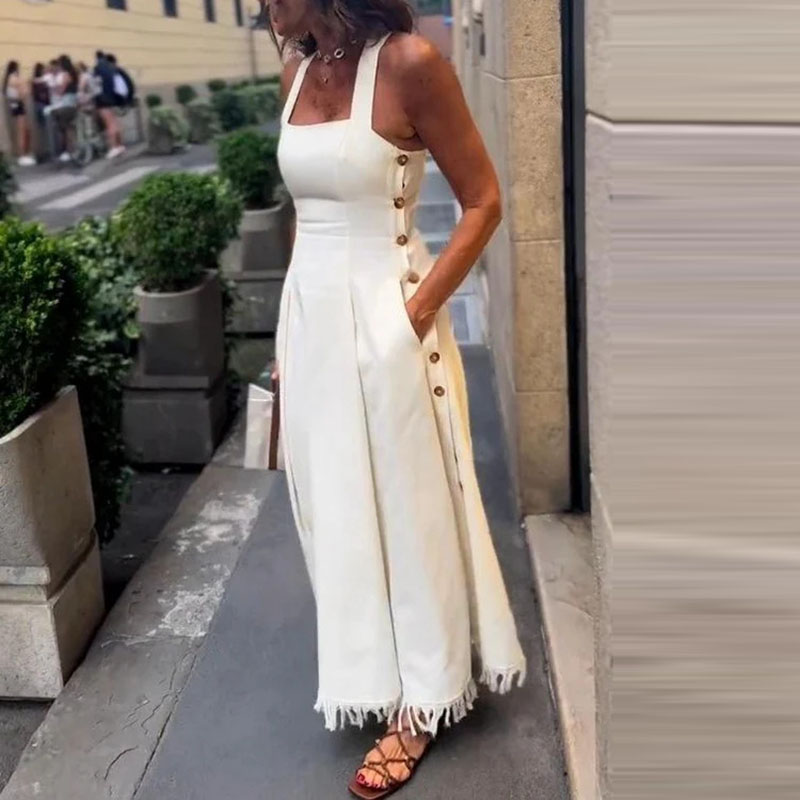 Robe longue d'été à Camisole blanche, décontractée, épaules dénudées, poches, coupe cintrée, élégante, pompon, Patchwork, taille haute, robes de soirée