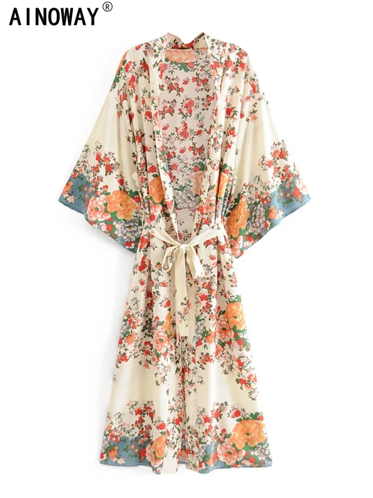 Kimono de Plage Vintage Chic à Imprimé Floral Multiple pour Femme, Vêtement Bohème à Col en V, Manches Chauve-Souris, Robe Boho, Cache Bikini