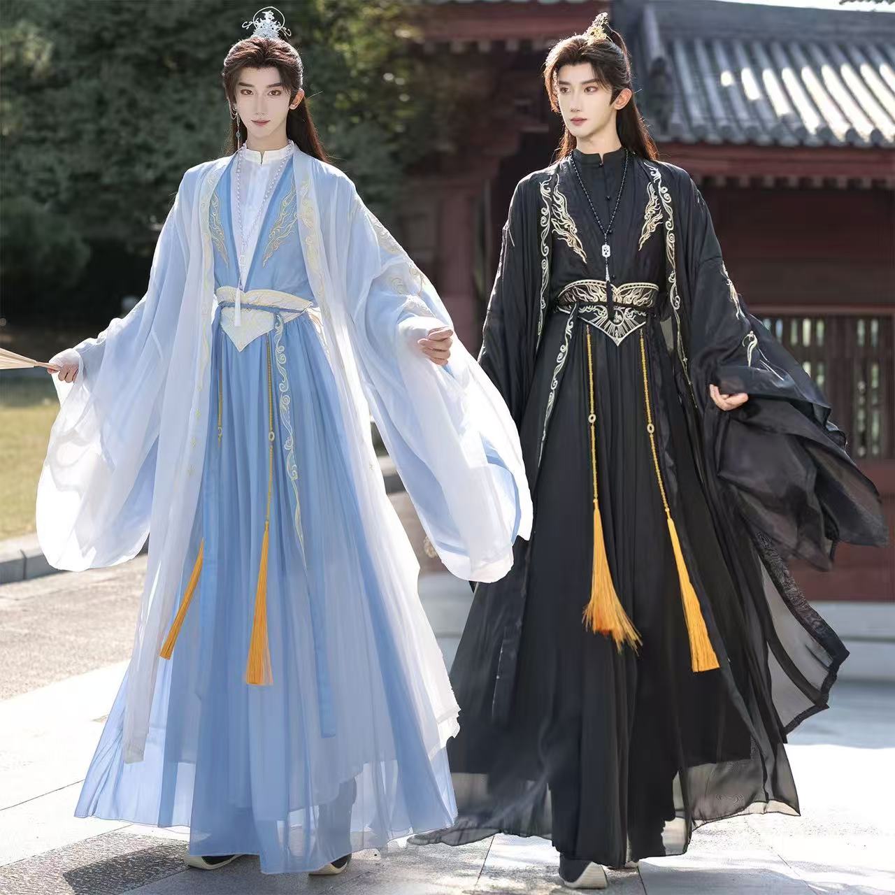 Cool noir hommes Hanfu traditionnel chinois vêtements Niche col debout broderie longue Robe Halloween Wuxia Cosplay Costume