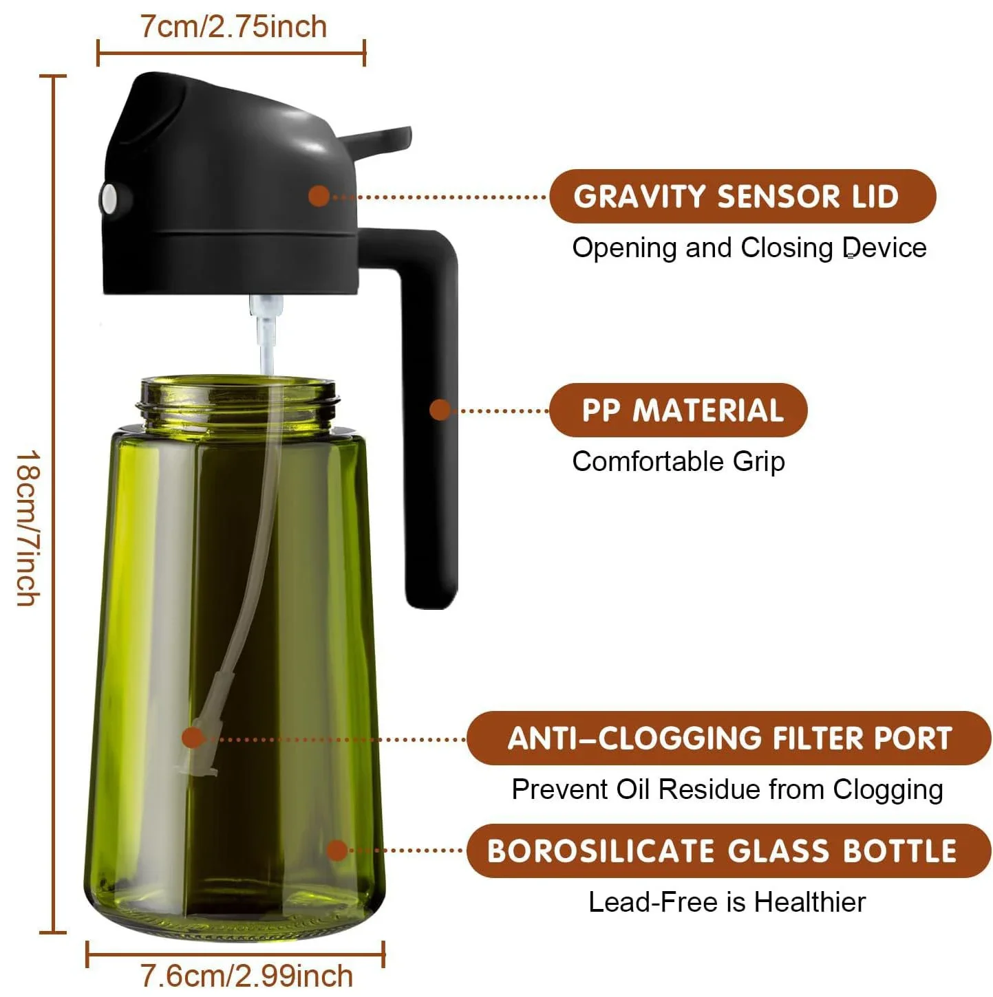 Pulvérisateur d'huile foncée bloquant la lumière 470ML/16oz pour la cuisson bouteille distributrice d'huile d'olive 2 en 1 pour la cuisine bouteille d'huile en verre vert foncé