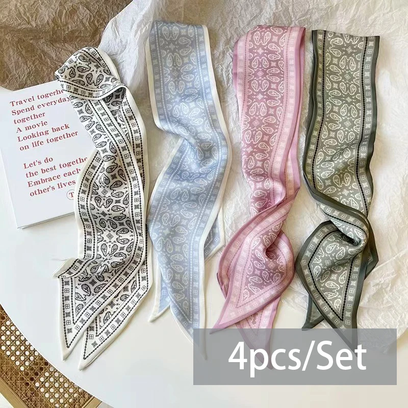 Foulard en Satin de soie pour femmes, série 4 pièces/ensemble, bandes de cheveux en tissu, accessoires de coiffure, foulards pour dames, attaches de cou en ruban pour poignée de sac