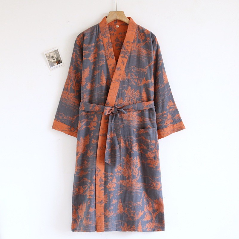 Chemise de nuit Yukata en gaze double couche de coton tissé coloré style national pour homme, idéale printemps-été, confortable F6670