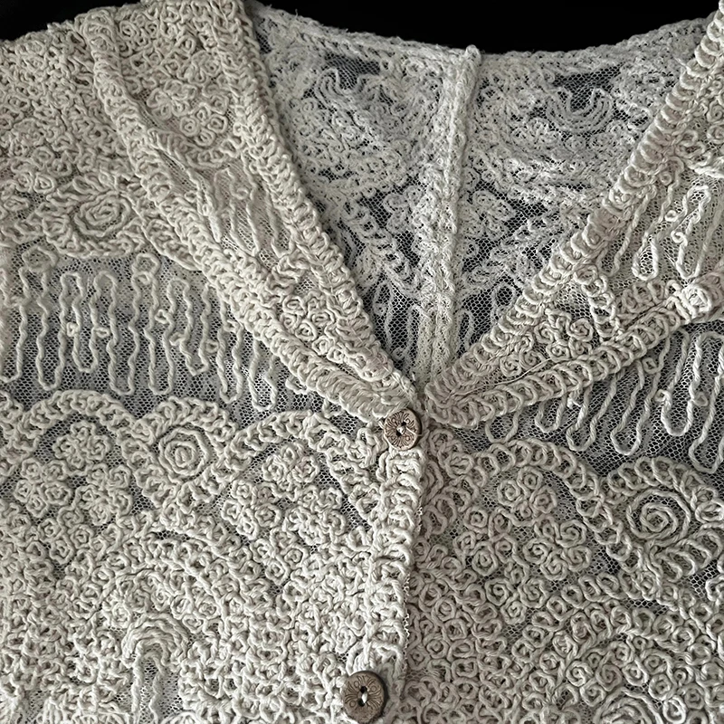 Chemisier en dentelle brodée transparente, hauts à manches courtes, cardigan boutonné sur le devant, tenue d'été bohème pour femmes