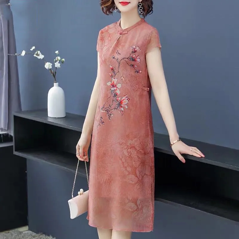 Robe longue en mousseline de soie pour mère, robes Cheongsam, robe éducative, grande taille, 4XL, femme d'âge moyen, noble, mode, nouveau, été, 5XL