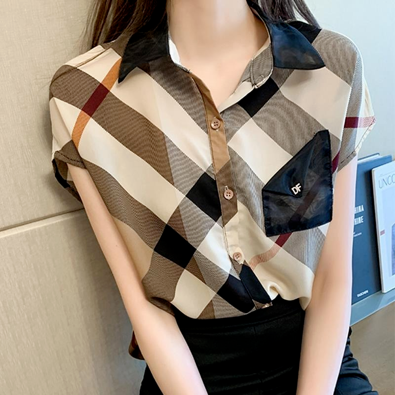 Chemise boutonnée en mousseline de soie à manches courtes pour femmes, chemisiers bon marché, vêtements de bureau décontractés, plaid coréen, jeunes femmes, tendances, haut chaud