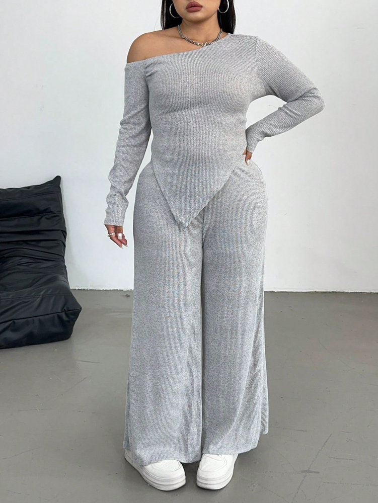 Grande taille Sexy Slash épaule à manches longues pantalons décontractés deux pièces ensemble banlieue Style loisirs couleur unie maison