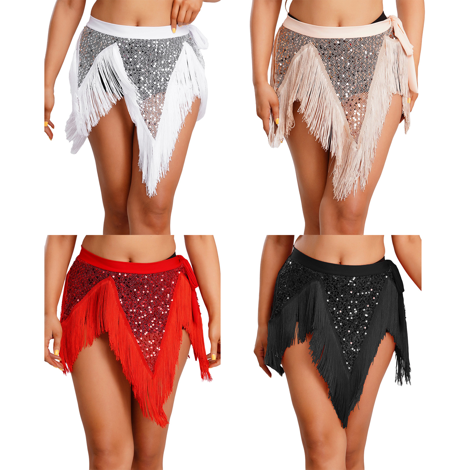 Foulard de danse du ventre pour femme, en maille filet à sequins, avec ourlet irrégulier et franges, jupe de danse à nouer à la taille