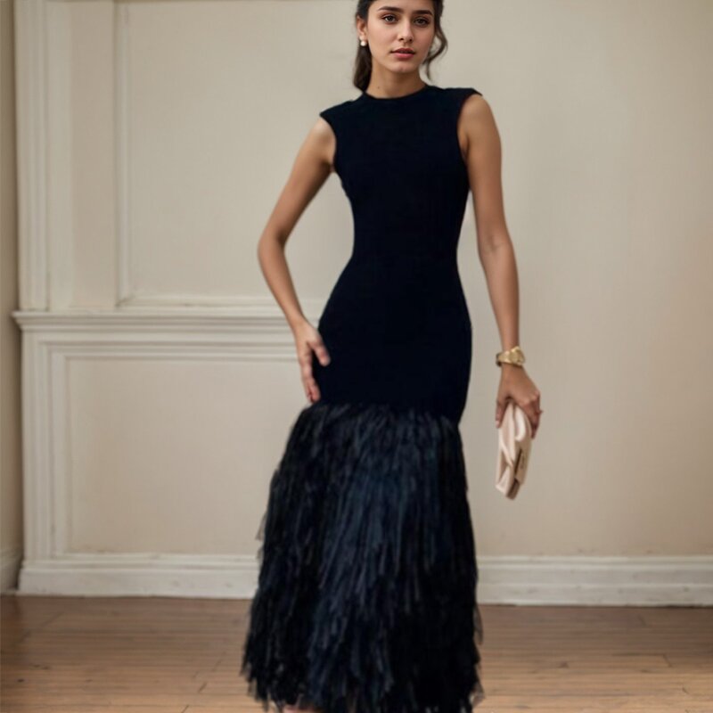 Robe tricotée à franges pour femmes, Style européen et américain, Sexy, coupe ajustée, pompon, sans manches, longue robe tricotée, robe à bretelles