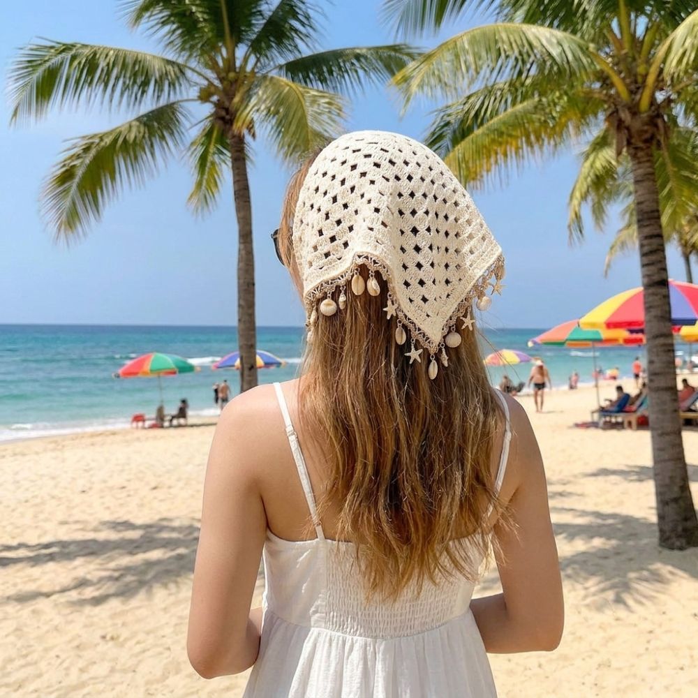 Foulard de tête bohème ajouré au crochet, à bords frangés, bandana triangulaire orné de paillettes, foulard de plage à paillettes coquillages