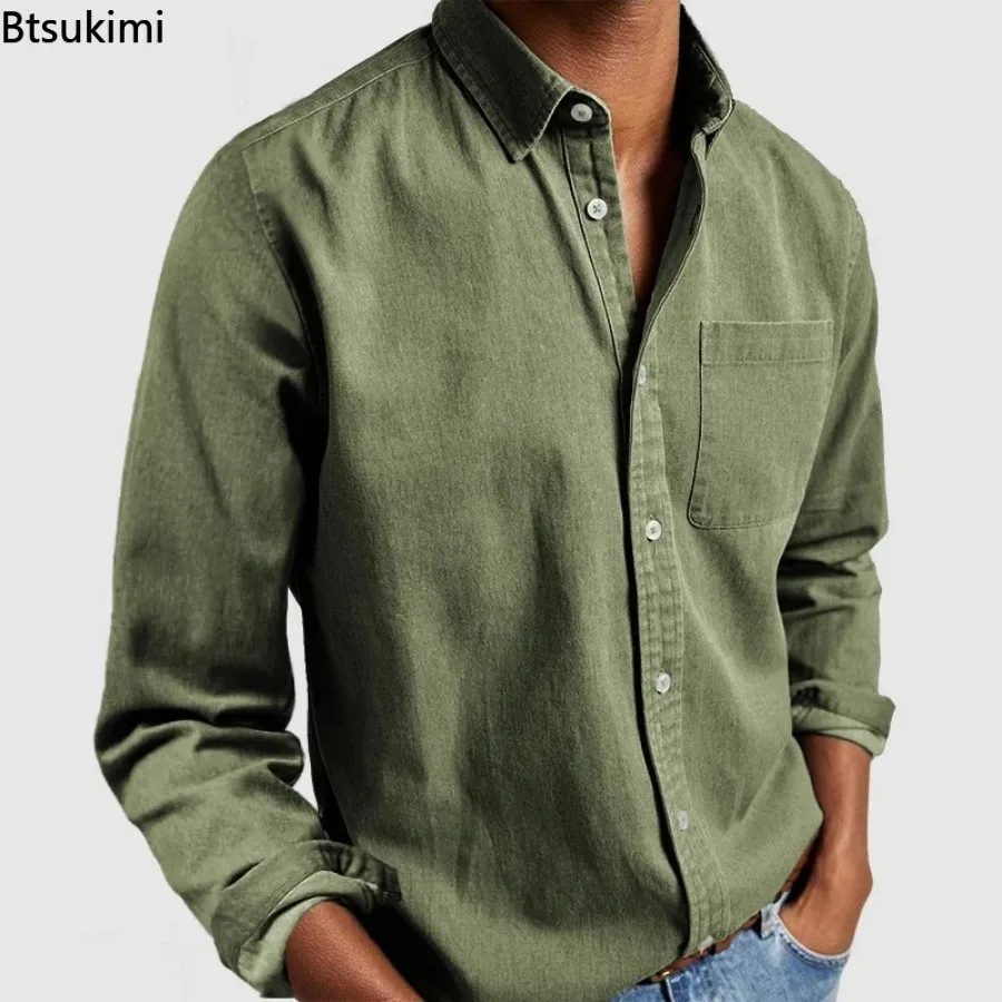 2026 mode vêtements pour hommes respirant coton à manches longues chemise ample décontractée hommes Simple revers hauts Vintage tout-match homme Blouse