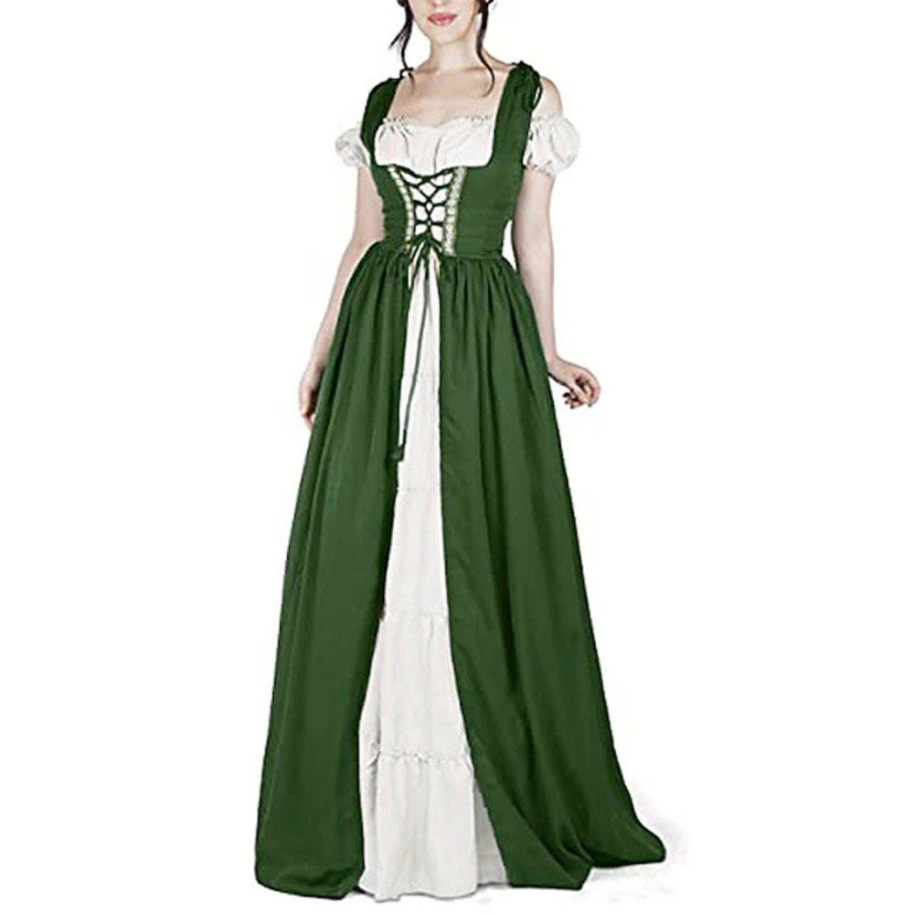 Robe corset de style cour médiévale à manches longues avec manches chauve-souris épaules dénudées et jupe longue évasée pour femme