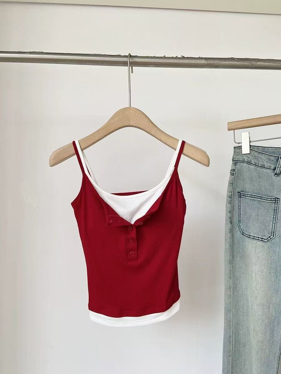Camisole Faux Deux Pièces Tendance pour Femme Printemps Automne, Coupe Courte Ajustée avec Coussinets de Poitrine, Style Coréen Urbain pour Femme Audacieuse