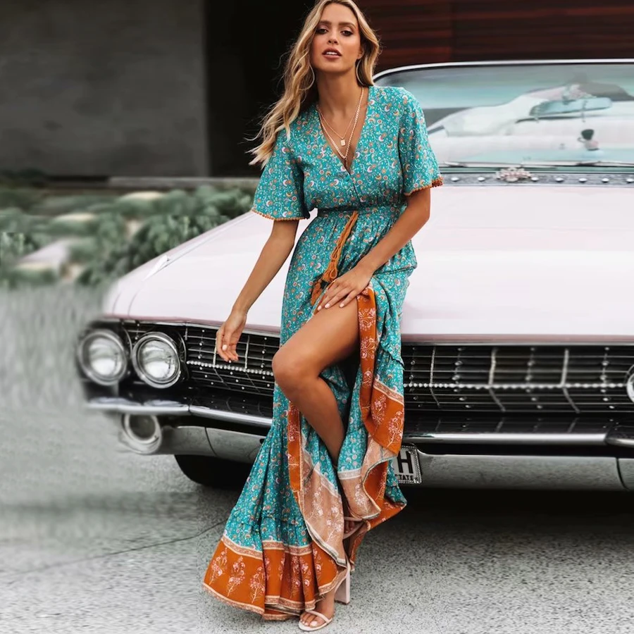 Robes Maxi en Coton Bleu Rayonne pour Femmes, Imprimé Floral, Sexy, V Profond, Boho, Été, Ample, Hiphélicoptère, Longue, Éducative