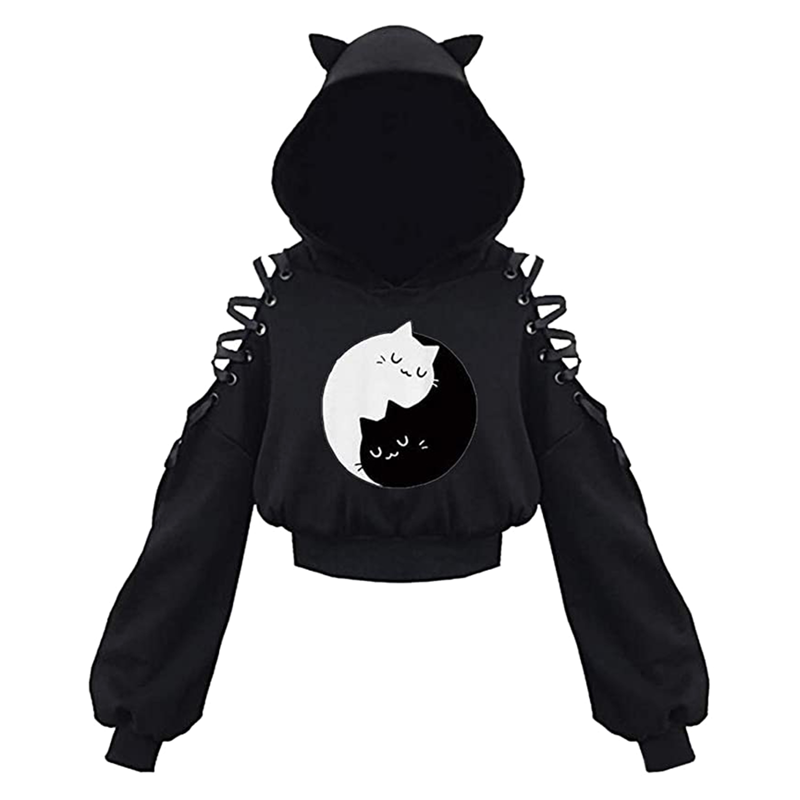 Sweat à capuche à manches longues pour femmes, Kawaii, oreilles de chat, gothique, Punk, Harajuku, épaule froide, Bandage, gothique, noir, 2021