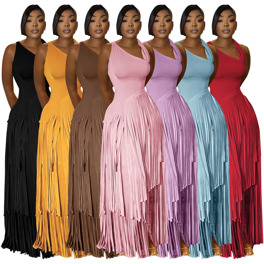 Robe longue asymétrique à franges et à col halter pour femmes, sans manches, plissée, à coupe asymétrique, robe de soirée africaine pour mariage ou réception.