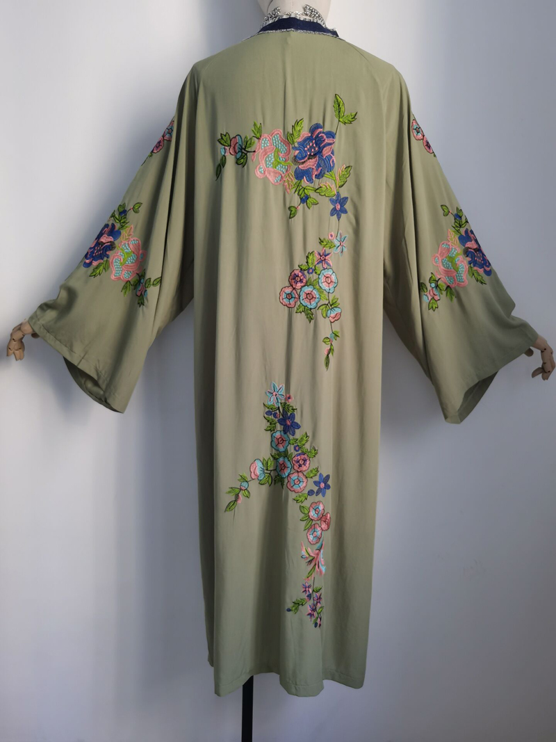 TEELYNN Cardigan long en coton et rayonne brodé de fleurs pour femme, robe kaftan d'été, chemisier de plage, blouse ample à manches longues, style bohème, Vestidos
