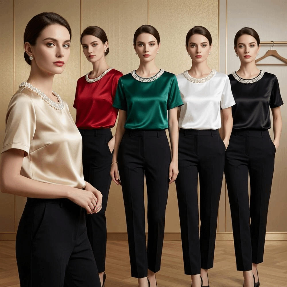T-shirt en satin de soie ample de luxe léger, élégant, pour femme, style français, à manches courtes, idéal pour le bureau ou l'été