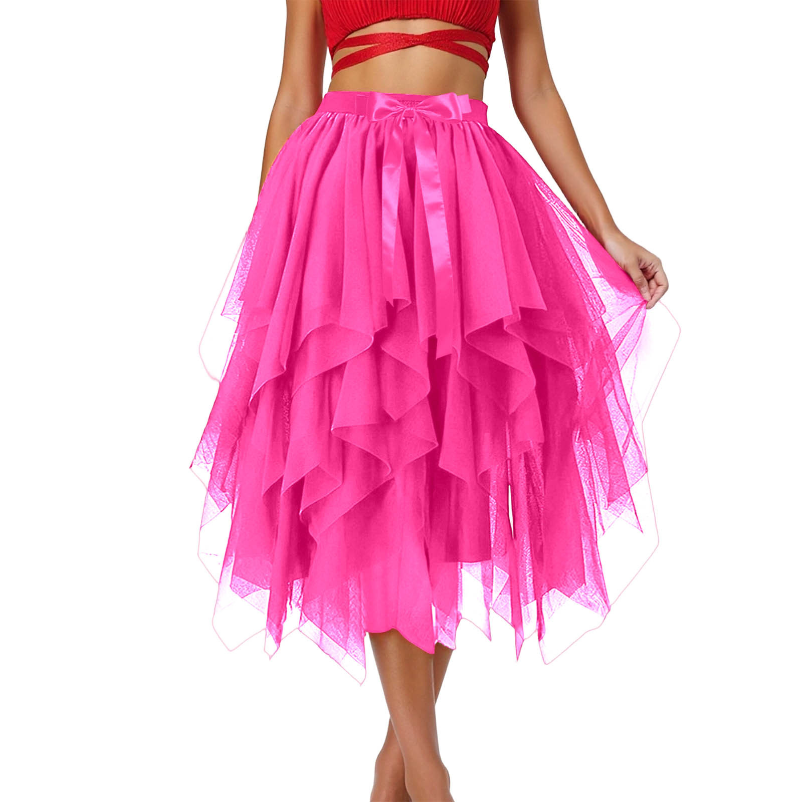 Jupes pour femmes taille haute, longues, évasées, style féerique, à superpositions, élégantes, à ourlet irrégulier, douces, en gaze, longueur genou