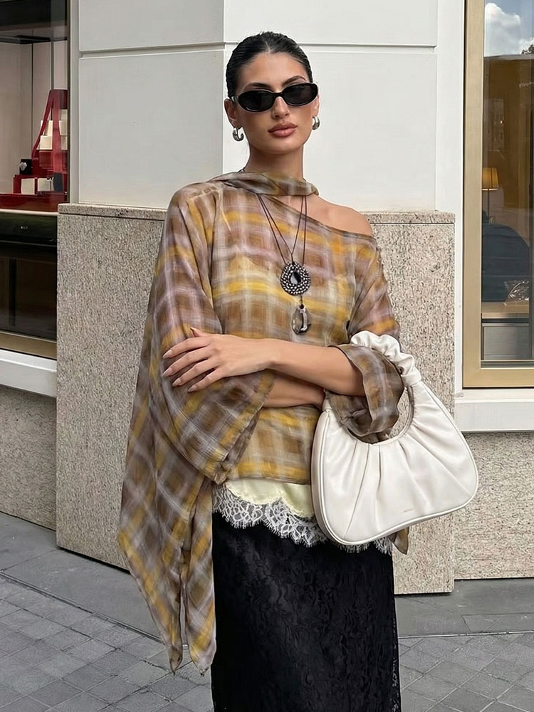 HH femmes mode Plaid imprimé Blouse Vintage décontracté ample asymétrique ourlet hauts avec écharpe été mince femme vacances plage tenues